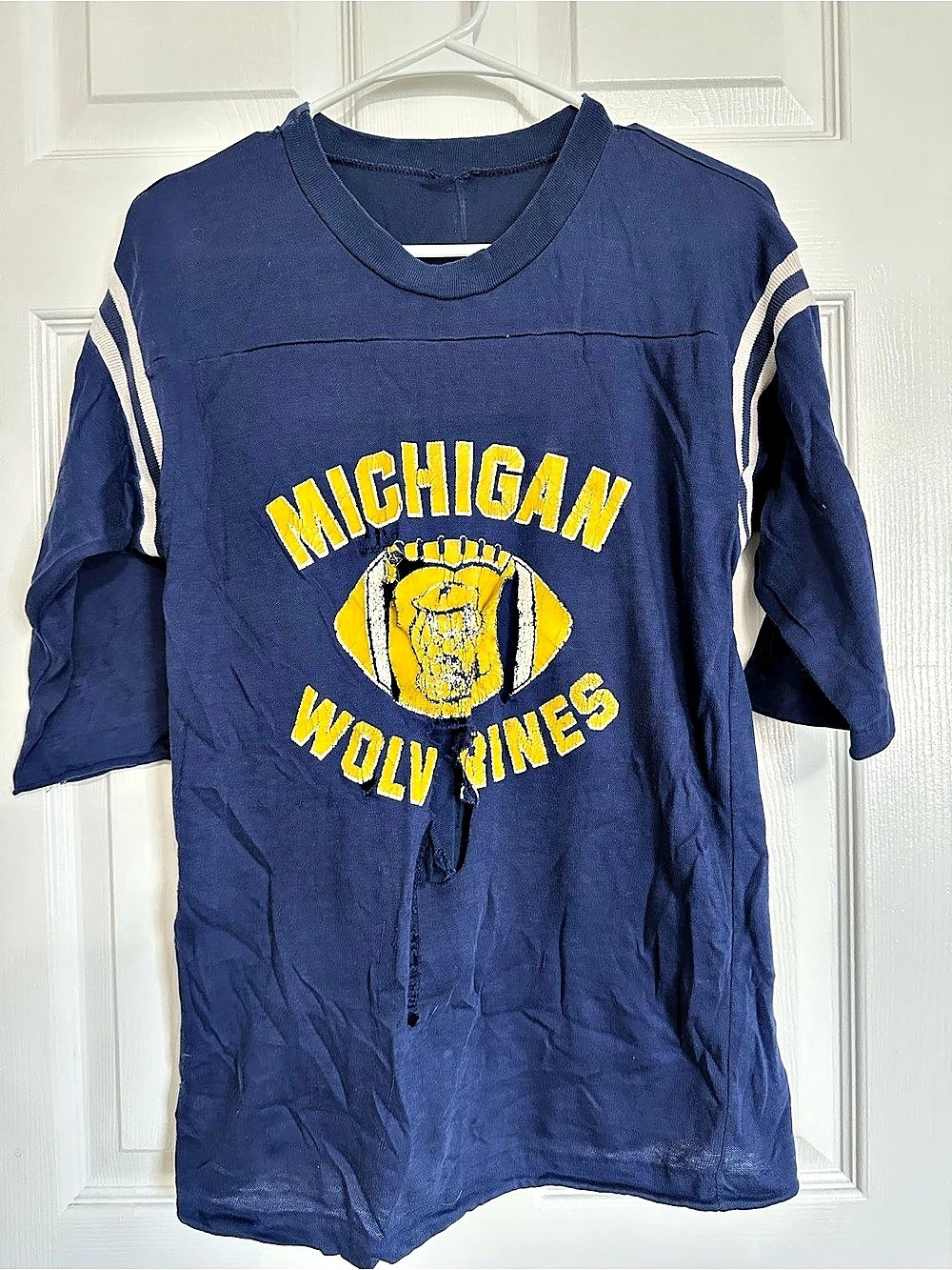 Vintage Thrashed Michigan Wolverines Graphic Jersey Blue & Yellow